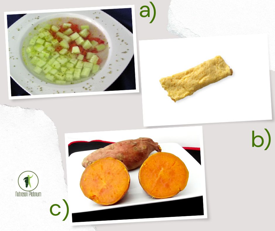 Gazpacho Almeriense con tortilla de huevos y boniato cocidos.